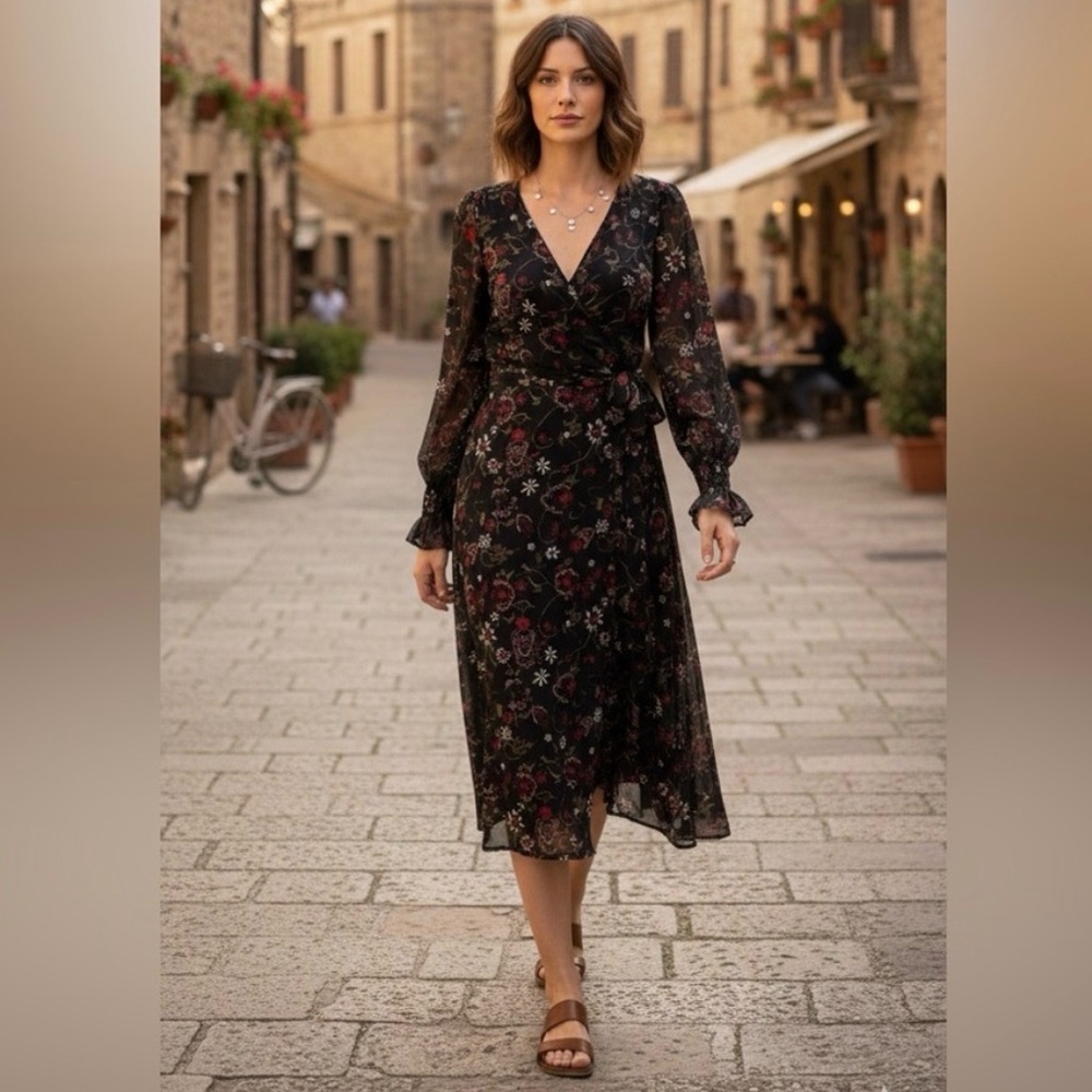 PAIGE Lilou Black/Mauve Wine Button-Down Wrap Midi Dress